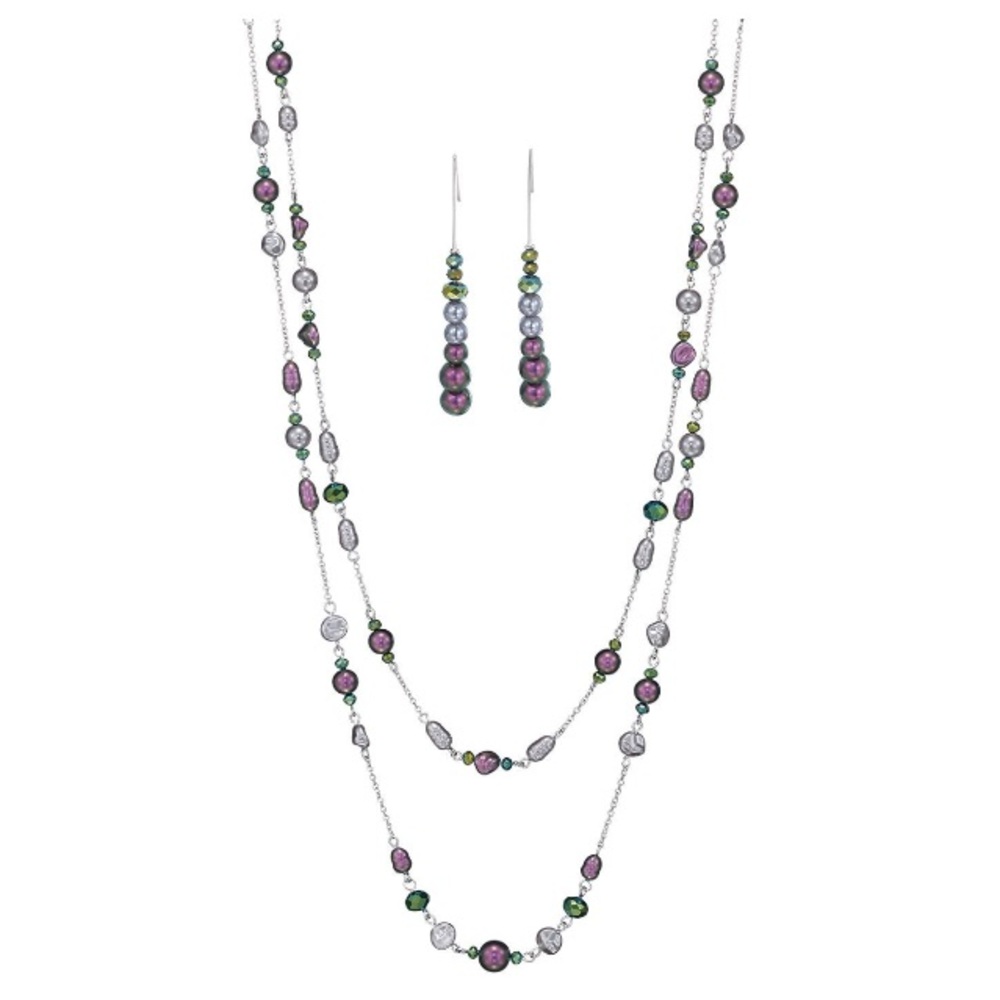 Multi Strand Pearly and Beaded Necklace and Earring Set